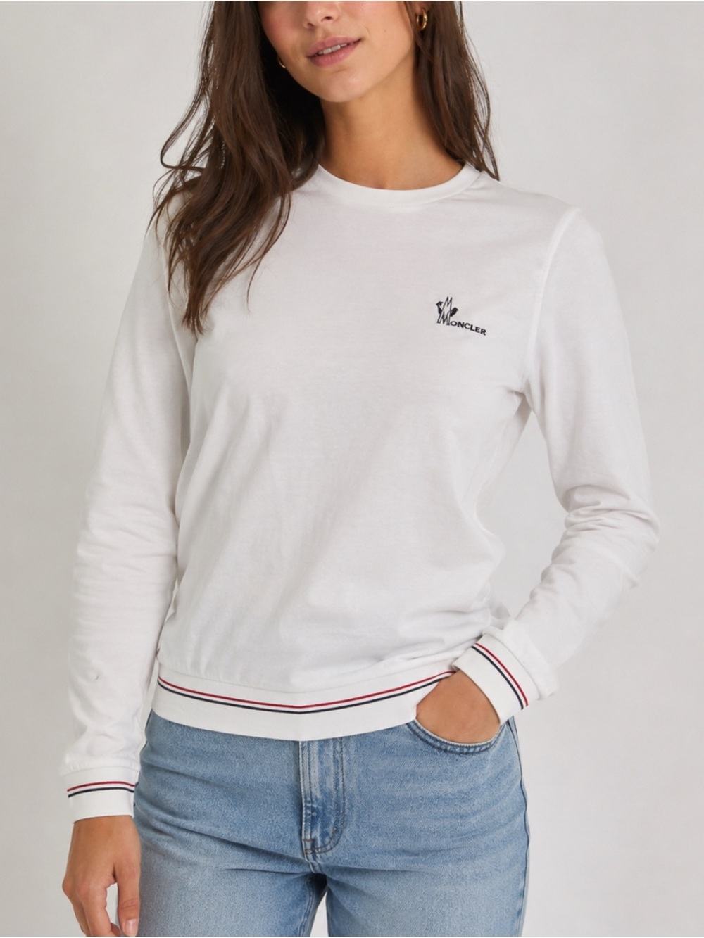 Moncler 2019 France White Preppy Polo Crewneck Embroidered Stripe Sweatshirt